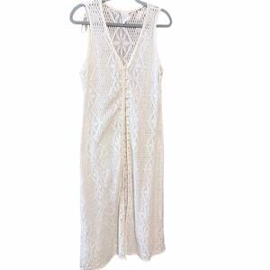 Vintage Rebecca cream lace long duster cotton blend pearl buttons large USA made